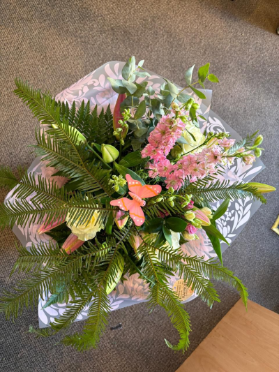 Pink dream - Stunning hand tied of beautiful pink and cream flowers to include roses and lush green foliage