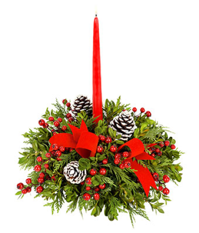 Round Christmas Table Arrangement - A round Christmas candle arrangement perfect as a festive table center piece, created using a lovely selection of your favourite winter blooms.